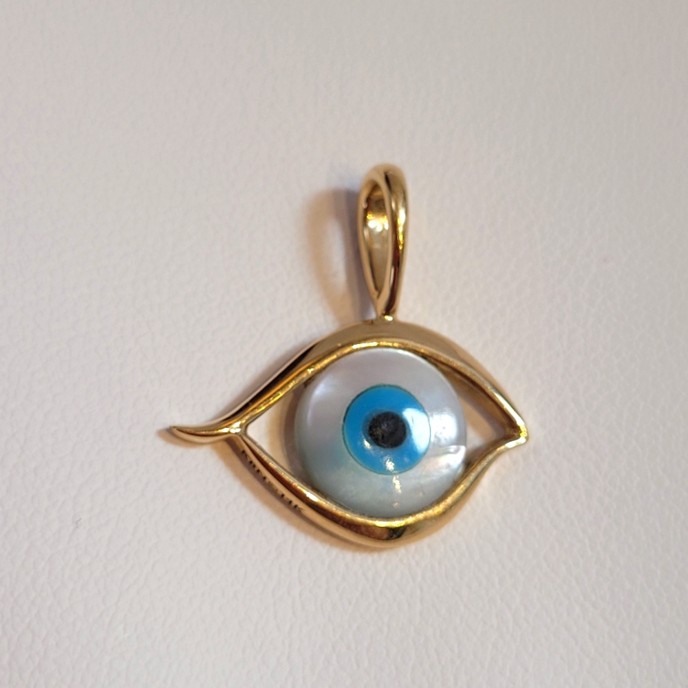 14k Yellow Gold Large Evil Eye Pendant With Mother Of Pearl, Kabana Brand.